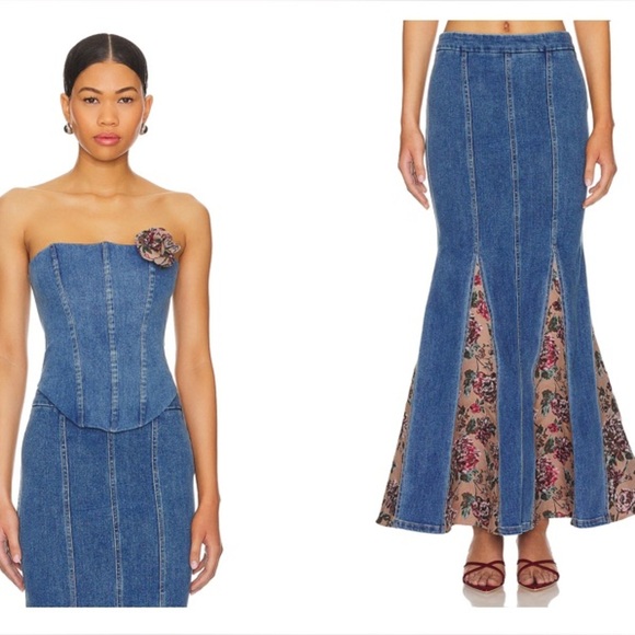 Majorelle Women's Denim Floral Maxi Skirt Unique Mermaid Style Size L - Picture 9 of 9